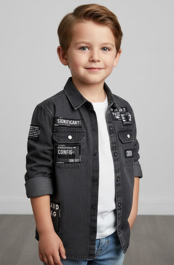 Boys Gray Denim Shirt with Patch Details – 6Y to 17Y