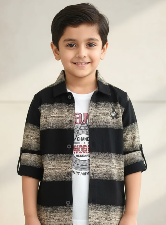 Boys Black & Beige Striped Shirt – 6Y to 17Y