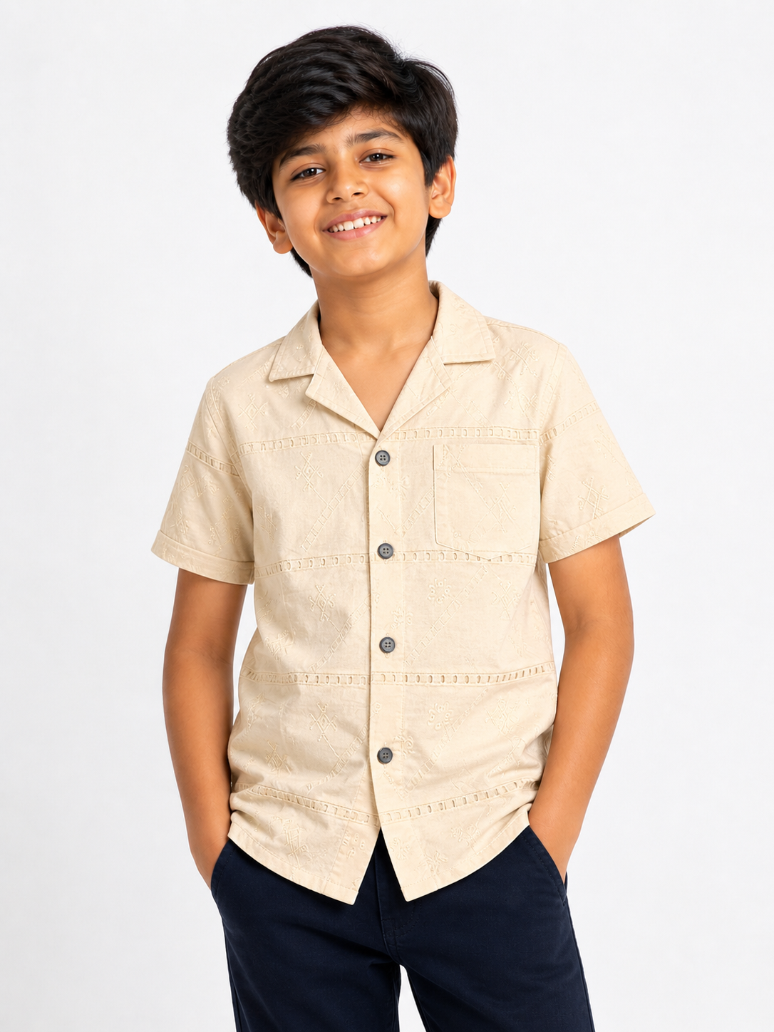 Cream Embroidered Boys Shirt | Cuban Collar Self-Tone Geometric Print | 6-12 Years