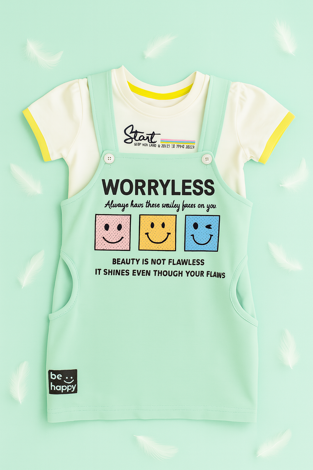 Smiley Graphic Dungaree Set for Girls – 2-Piece