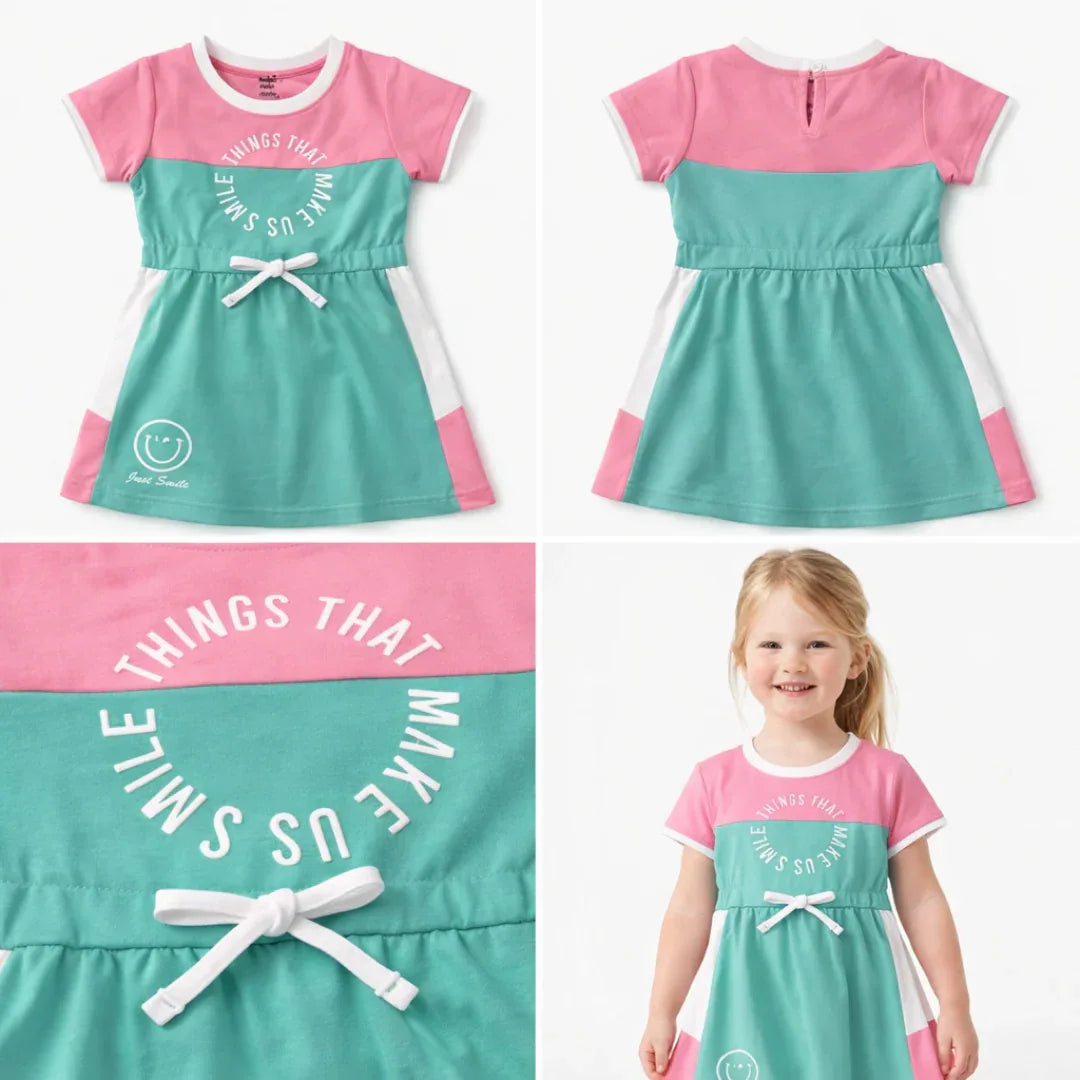 Girls A-Line Cotton Frock (Pink & Green Color Block | Smile Print Dress)