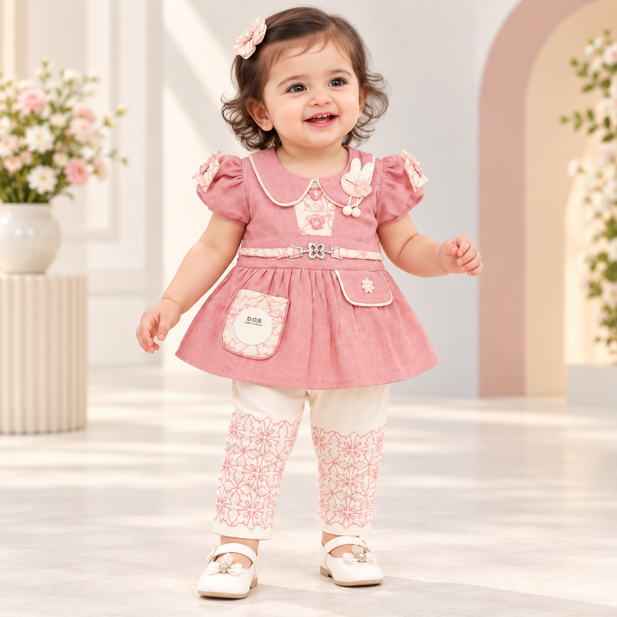 Girl wearing a pink bunny-detail tunic with puff sleeves and cream pants with pink floral designs