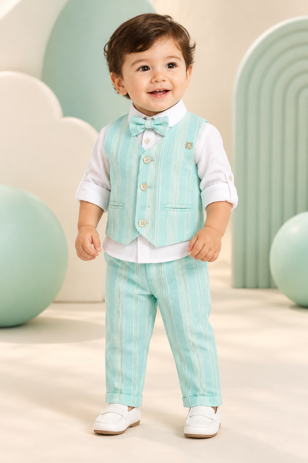 Toddler wearing mint waistcoat and trousers with white shirt and bow tie