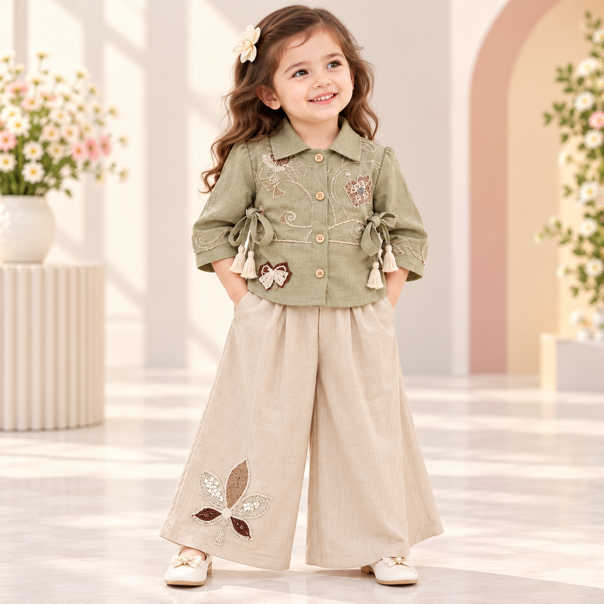 Girl wearing a sage green floral embroidered top with tassel ties and beige wide-leg palazzo pants with a leaf motif