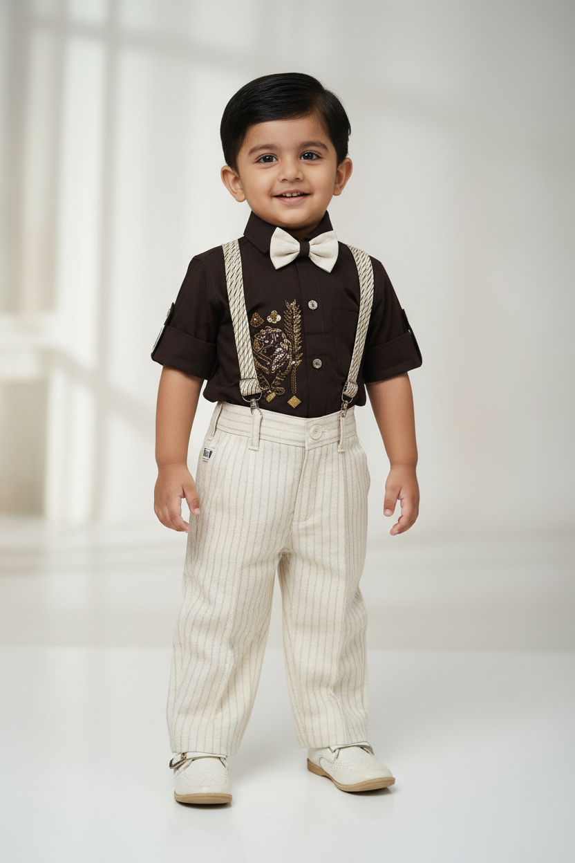 Baby boy wearing brown embroidery bow tie suspender shirt and cream pinstripe trouser set - mockup