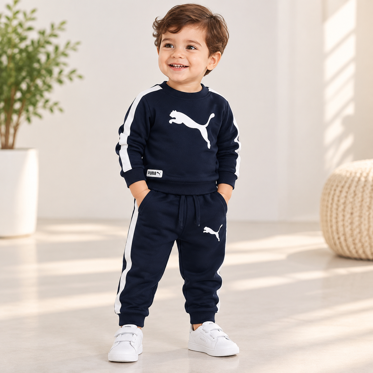 Boy wearing a navy graphic sweatshirt and matching joggers with white side stripes