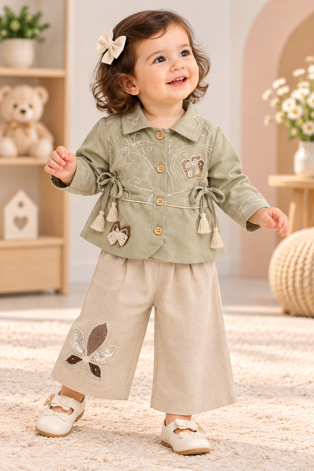 Baby girl wearing a sage embroidered collared top with tassel ties and beige leaf-detail palazzo pants