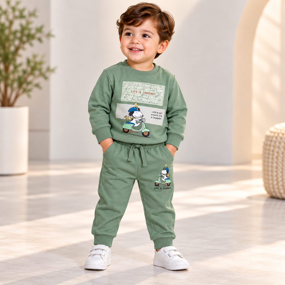 Boy wearing a sage green scooter graphic sweatshirt and matching drawstring joggers