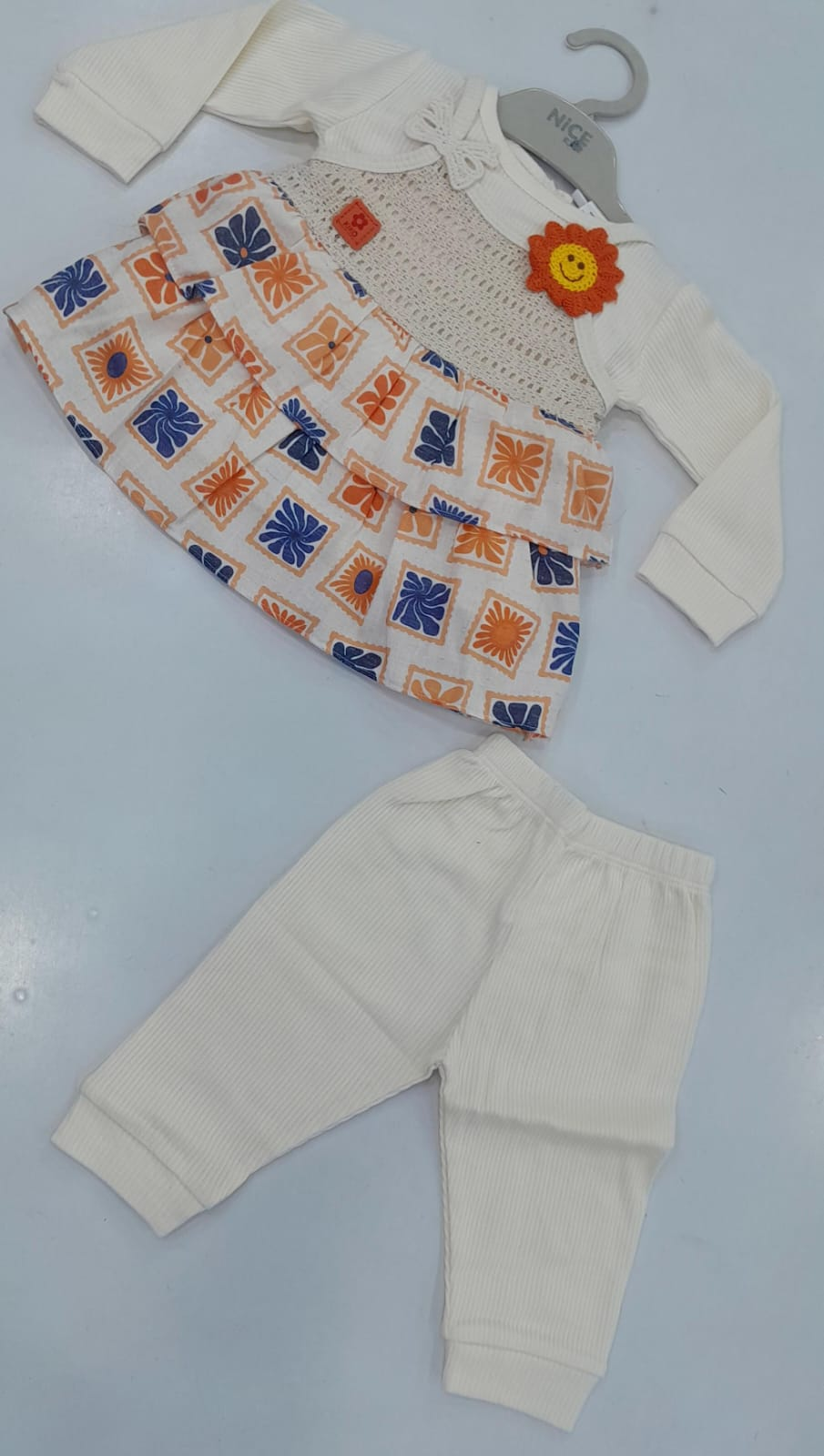 Mint Kids 181 Girls white floral block print frock with crochet vest and cream pants set