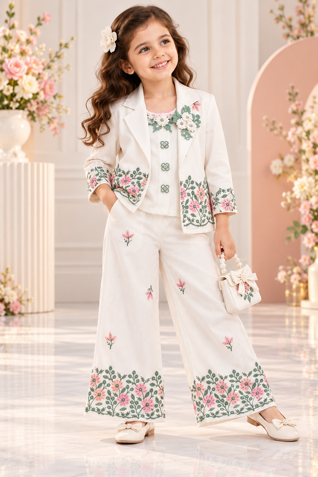 Girl wearing a white blazer, matching top and wide-leg palazzo pants with pink and green floral embroidery