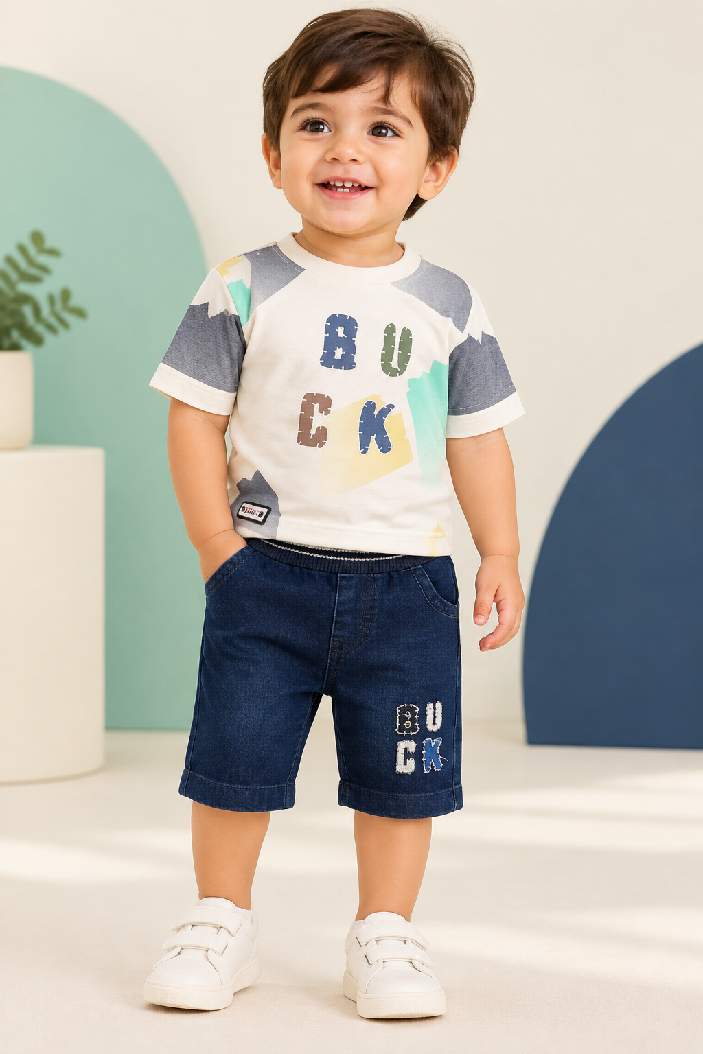 Toddler wearing cream colour-block graphic T-shirt and dark blue denim capri without visible waist drawstring