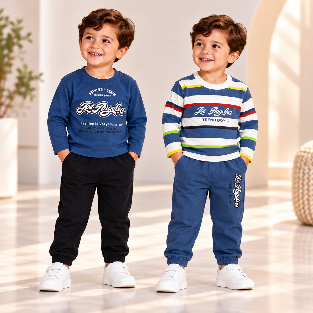 Two boys wearing blue and striped Los Angeles graphic tops with coordinating joggers