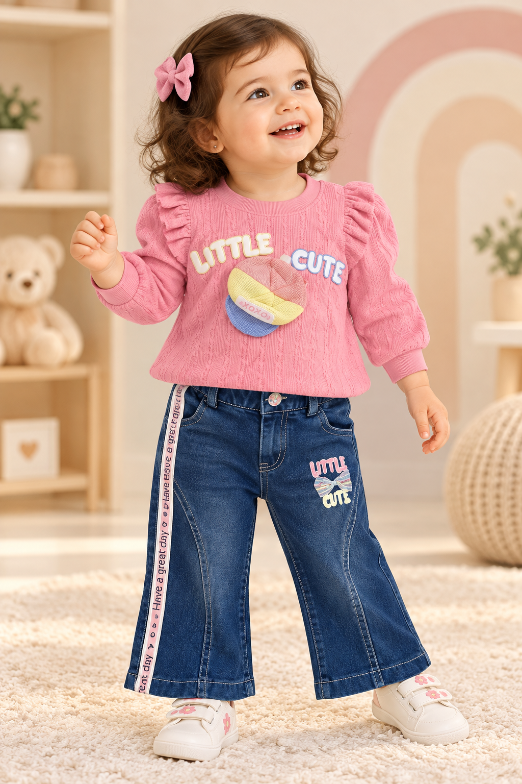 Baby girl wearing a pink ruffle-shoulder Little Cute top and blue flared jeans with pink side tape