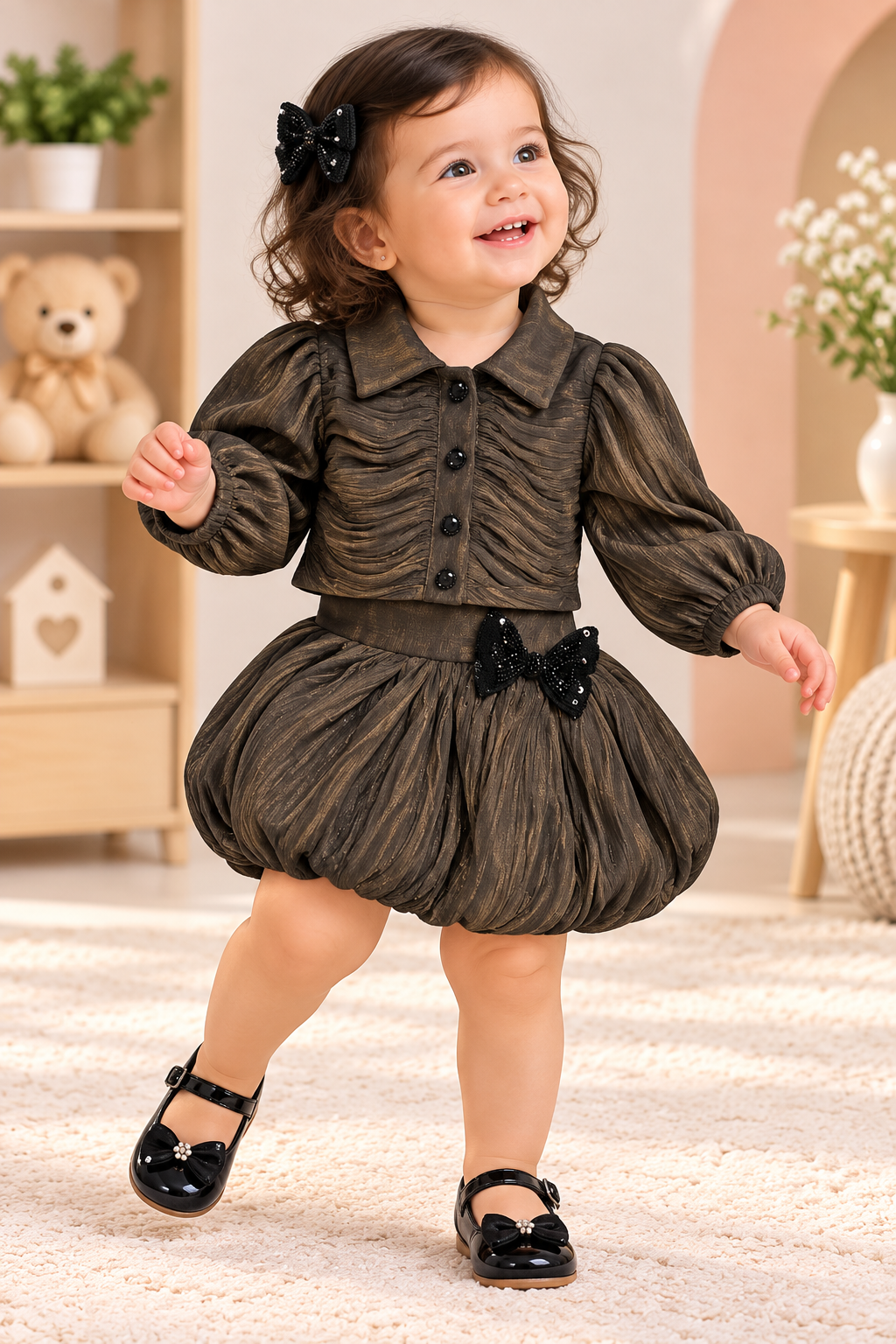 Girl wearing a dark olive ruched puff-sleeve top and matching bubble skirt with a black bow