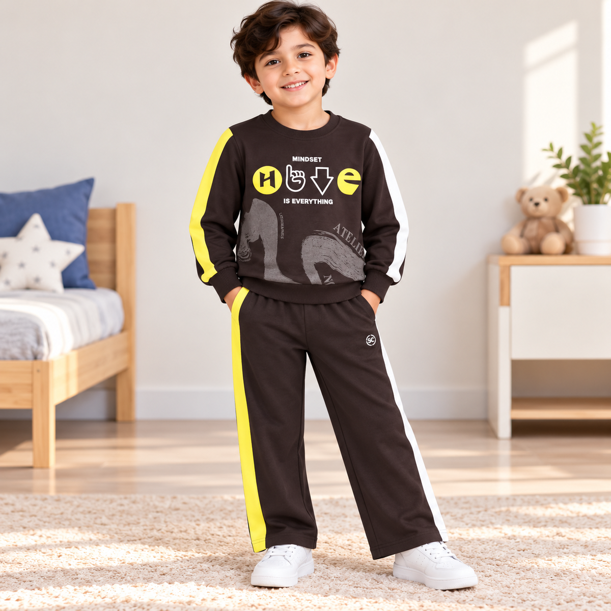 Boy wearing a black Mindset graphic sweatshirt and matching pants with yellow and white side stripes