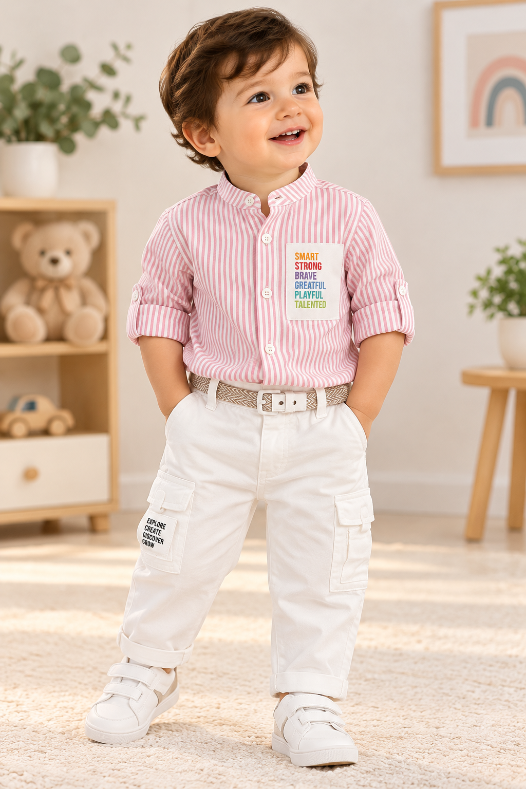 Baby boy wearing a pink striped mandarin-collar shirt with white cargo pants and a woven belt