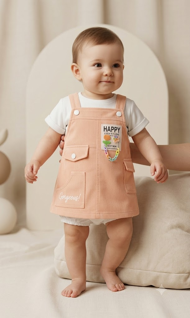 Baby girl wearing peach pinafore and white tee