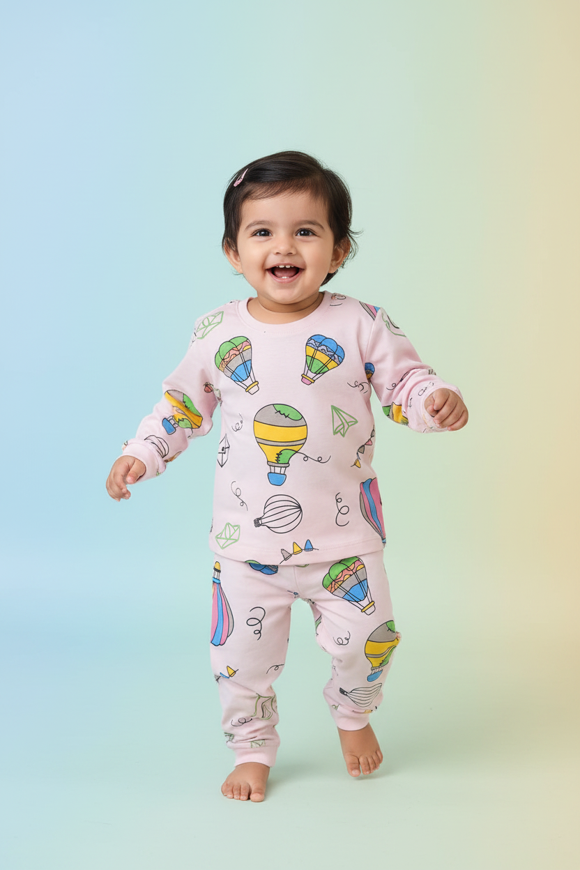 Baby girl wearing pink hot air balloon print co-ord set - 2 year old model mockup