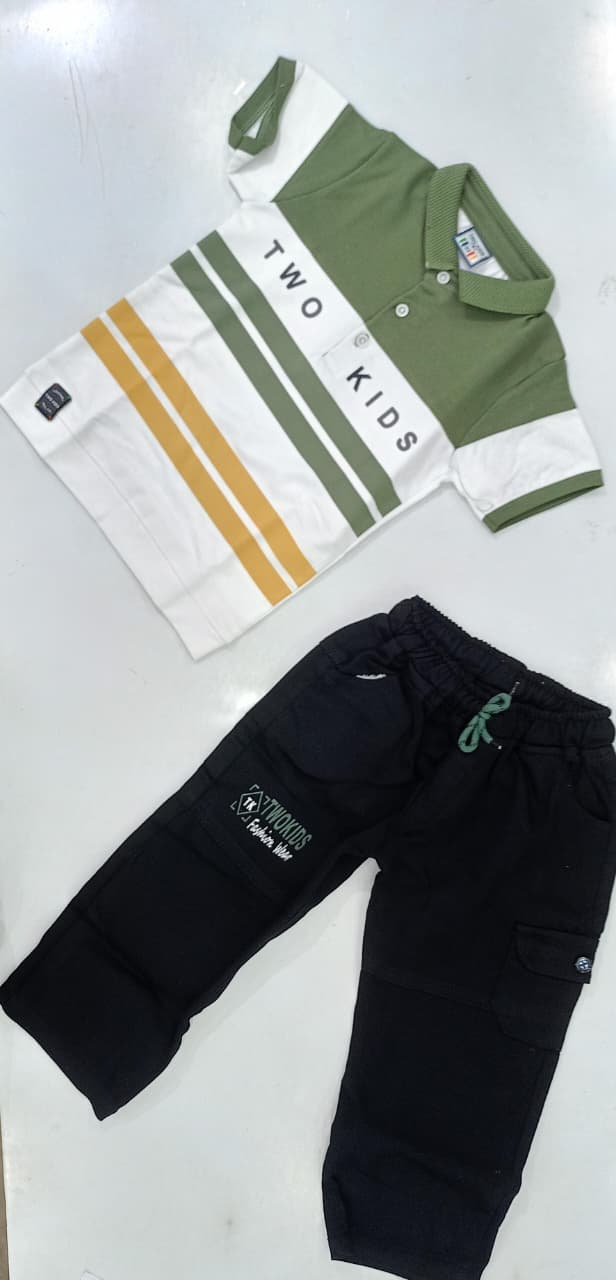 Olive and white striped polo with black pants