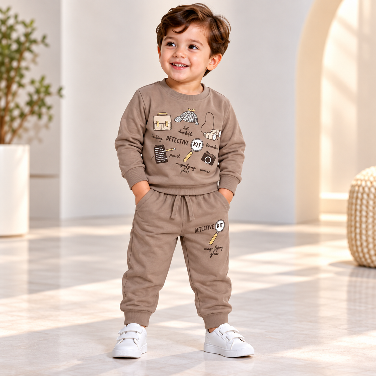Boy wearing a taupe detective graphic sweatshirt and matching drawstring joggers