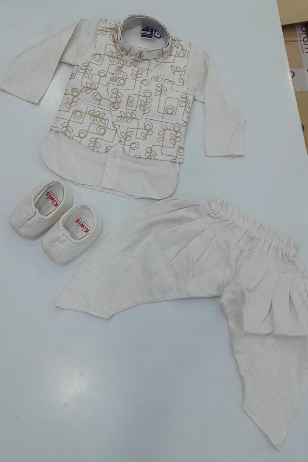 Mint Kids 12003 Boys Ethnic Kurta Set – cream kurta with embroidered waistcoat, shorts and shoes