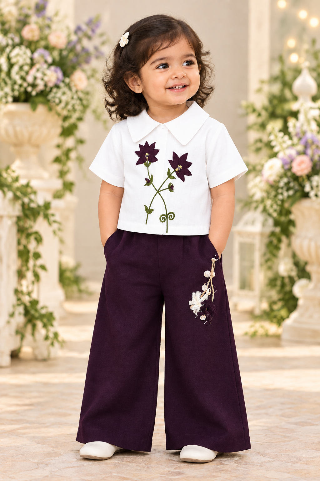 Toddler girl wearing white top with purple floral embroidery and purple wide-leg palazzo