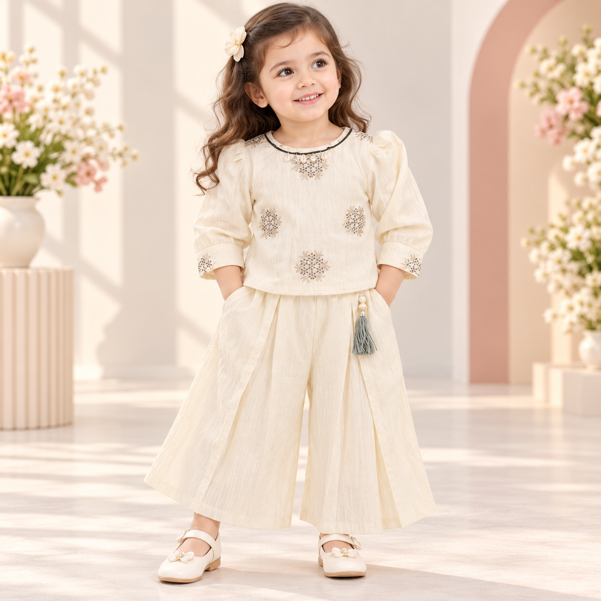 Girl wearing a cream embellished top with puff sleeves and matching wide-leg palazzo pants with a tassel