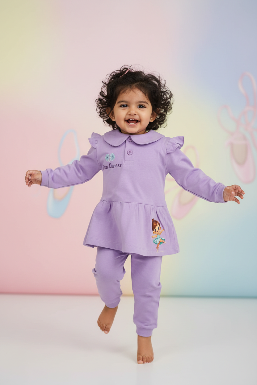 Baby girl wearing lavender Future Dancer tunic and jogger pants - 2 year old model mockup