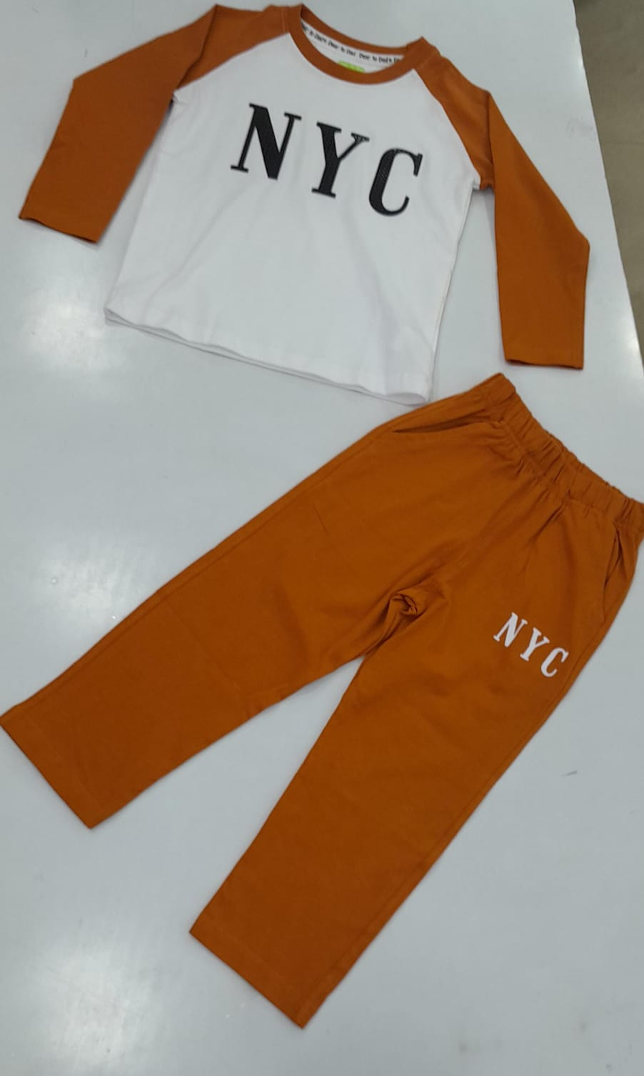 Mint Kids 11S Boys NYC white and burnt orange raglan tee with matching orange jogger pants
