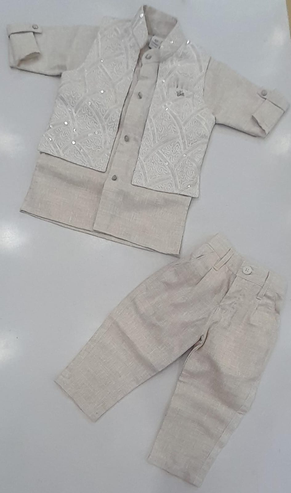 Mint Kids 9346 Boys cream sequin embroidered shirt and trouser set