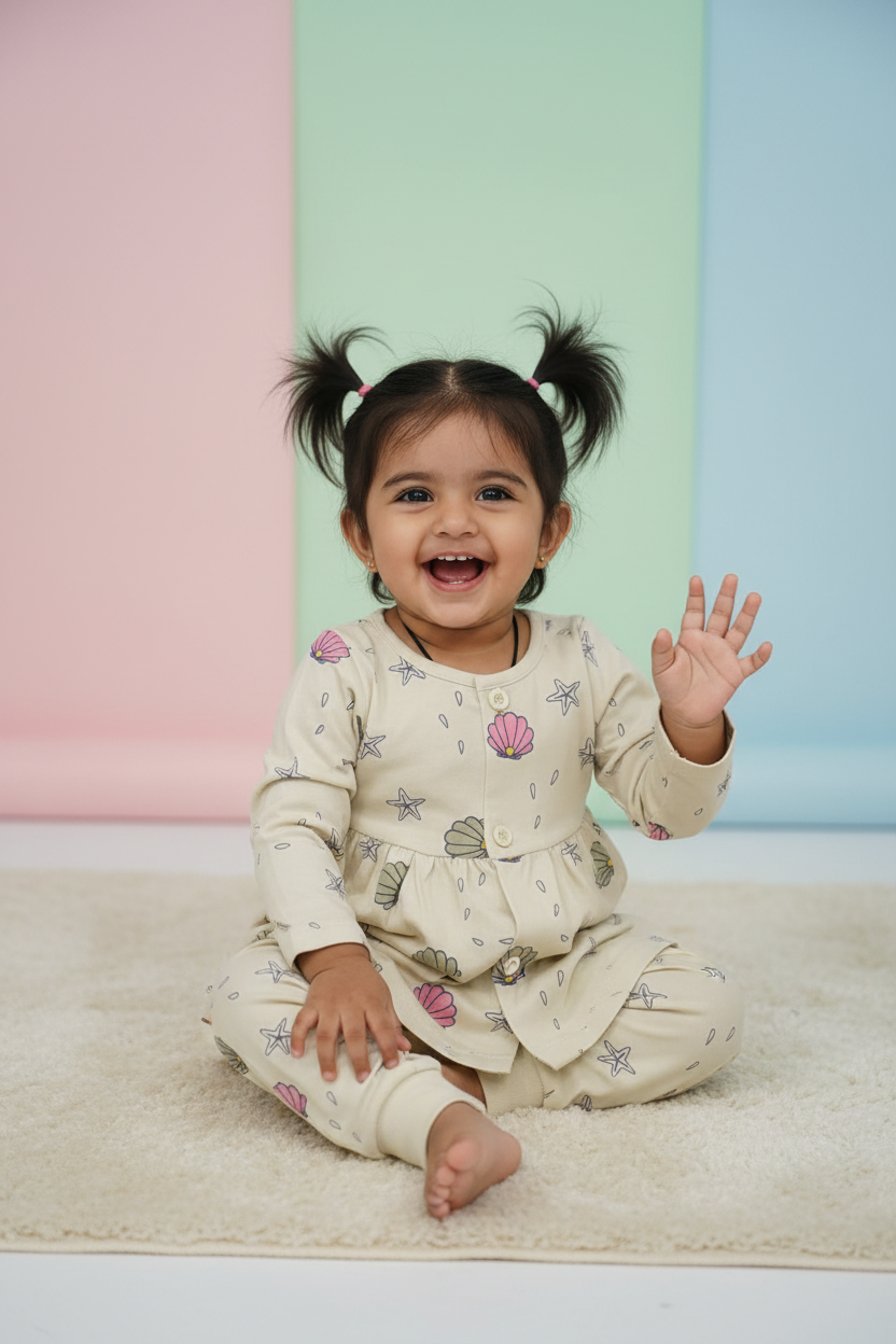 Baby girl wearing cream seashell and starfish printed flared top and matching jogger pants co-ord set - mockup
