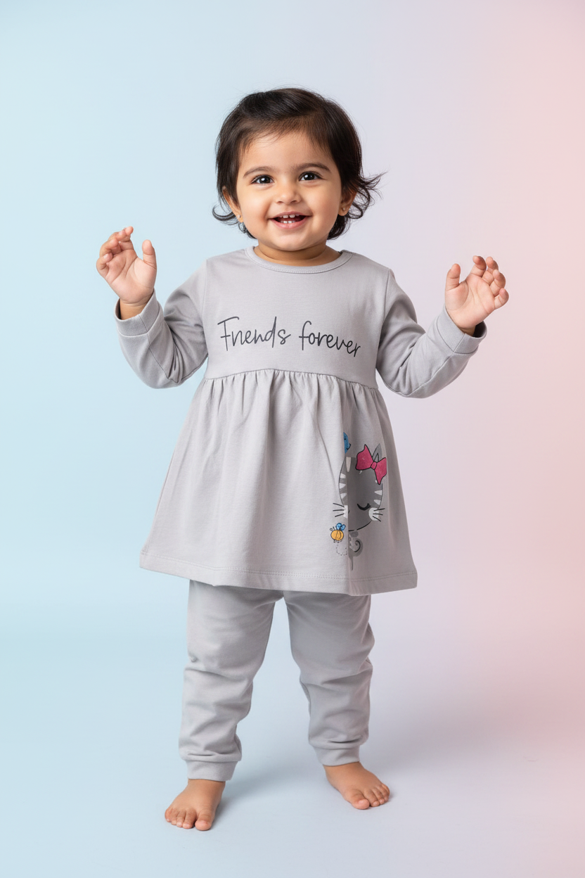 Baby girl wearing grey Friends Forever kitty tunic and jogger pants - 2 year old model mockup