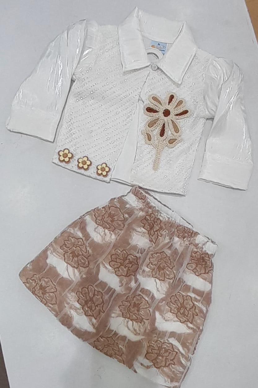 Mint Kids ML36 Girls white sequin embroidered shirt with rose gold jacquard floral skirt