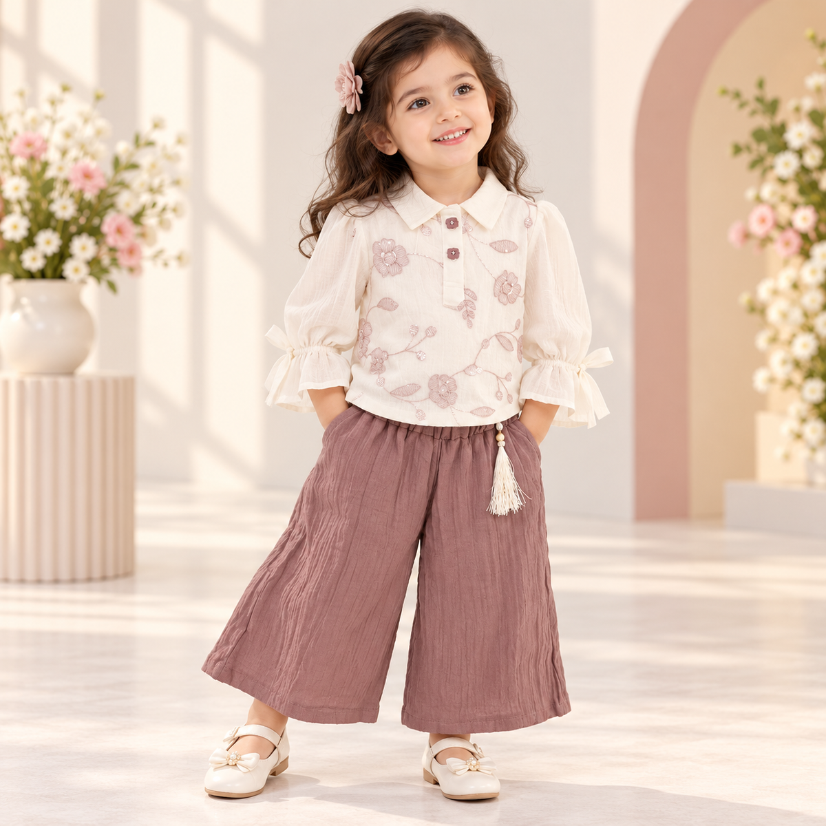 Girl wearing a white floral collared top with bow cuffs and mauve wide-leg palazzo pants