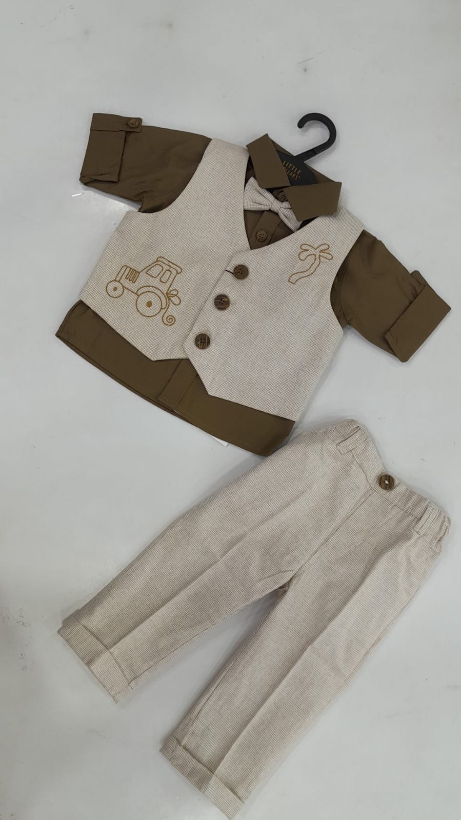 Boys Olive Shirt & Cream Waistcoat Pants