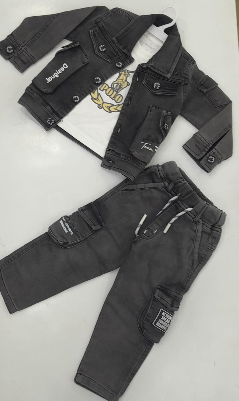 Boys 3-Piece Grey Denim Jacket Set – Designer Jacket, Polo Tee & Cargo Pants