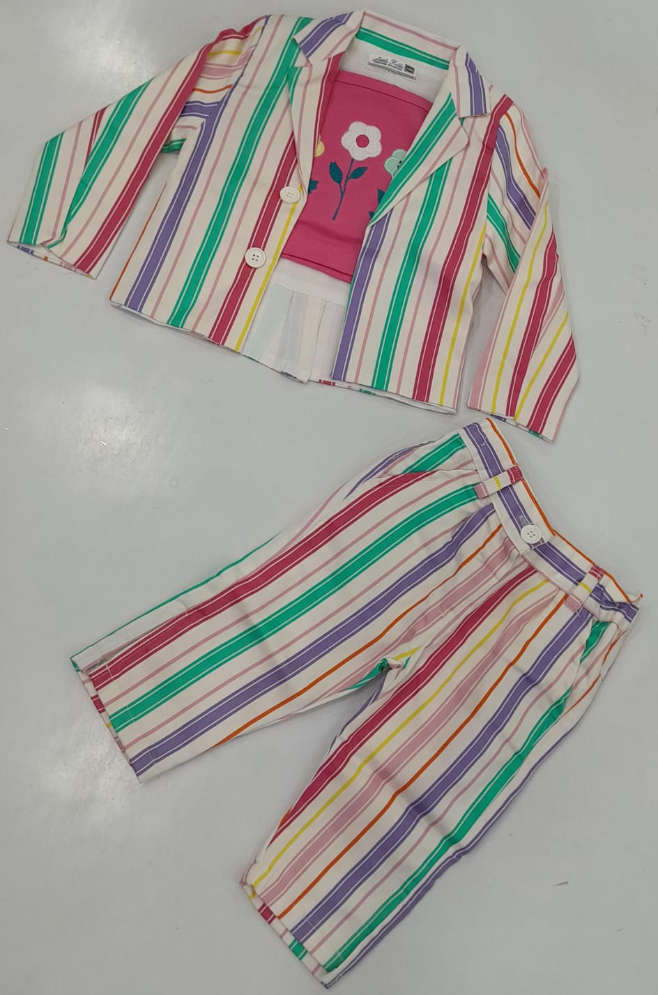 Girls Multicolour Stripe Blazer, Floral Tee & Pants 3-Piece Set