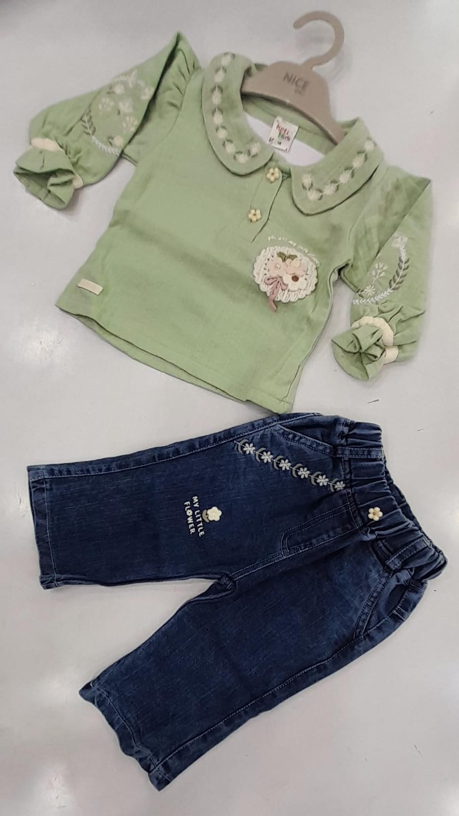 Girls Mint Green Floral Embroidered Peter Pan Collar Top & Denim Jeans Set