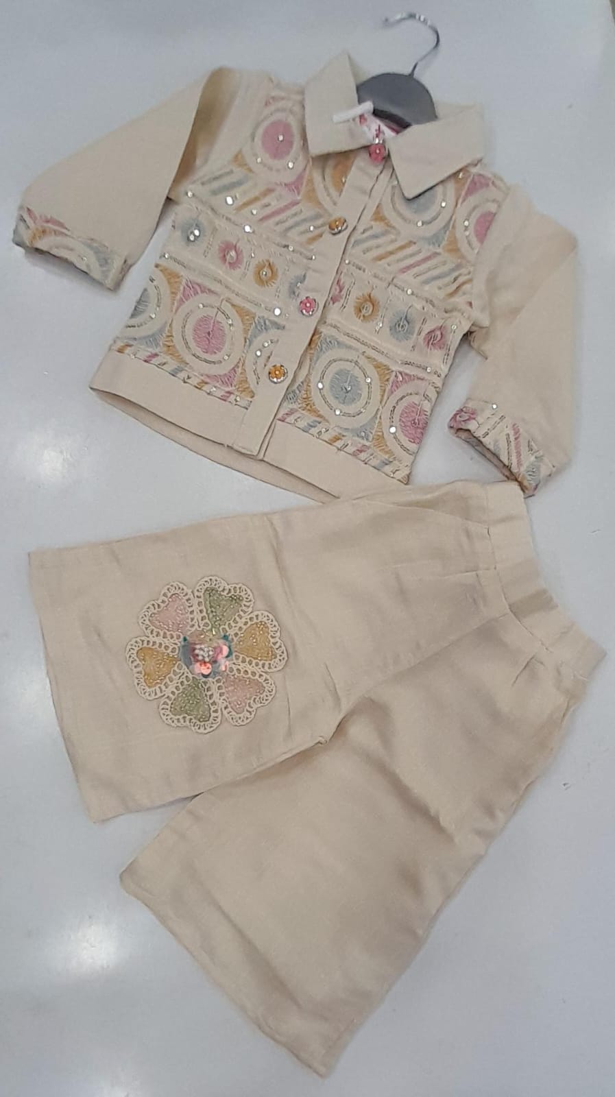 Girls Cream Sequin Floral Embroidered Jacket & Wide-Leg Pants Set