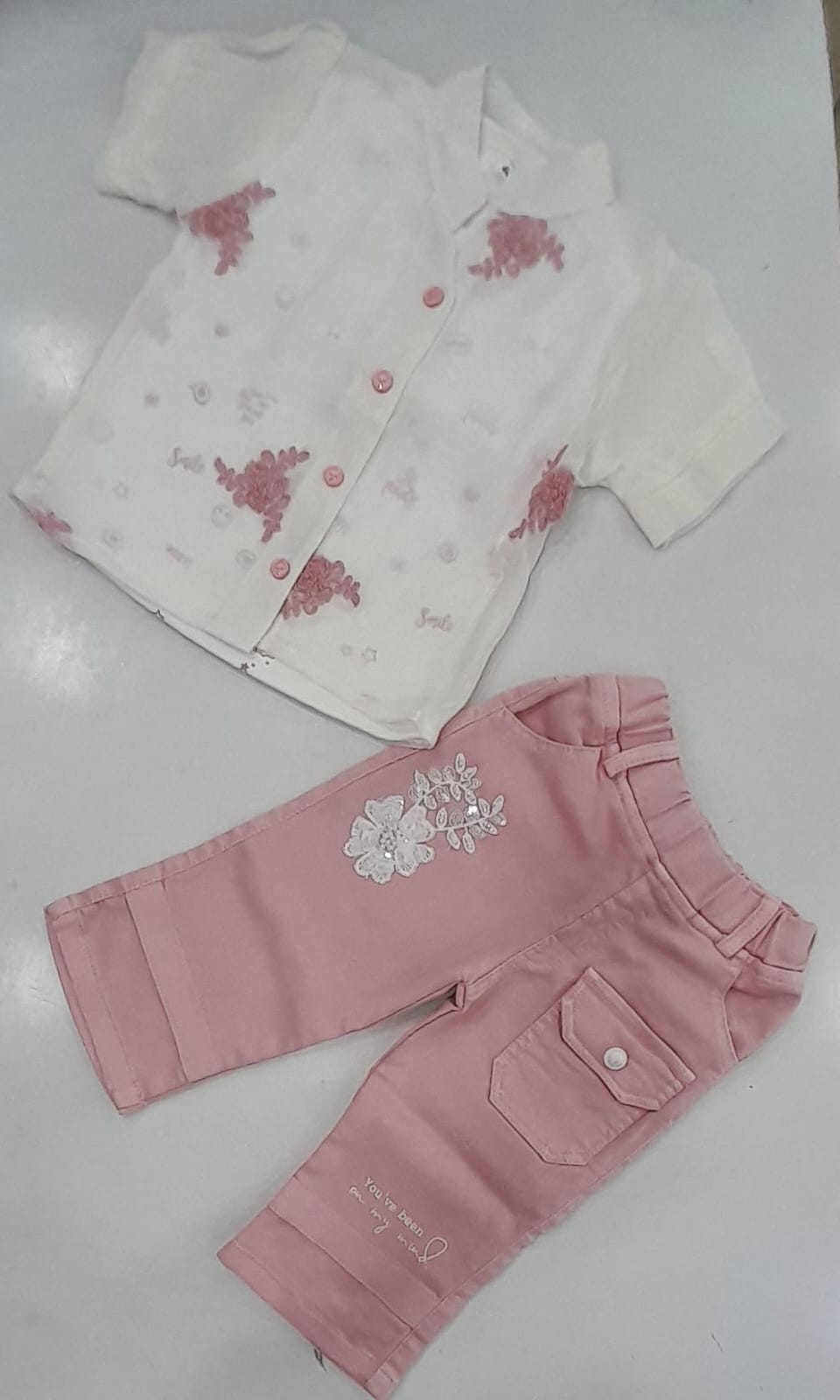 Girls White Floral Print Top & Pink Floral Embroidered Cargo Pants Set