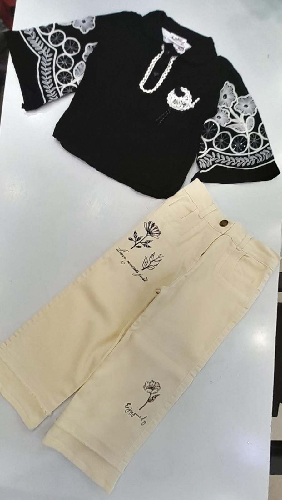 Girls Black White Floral Embroidered Top & Cream Floral Jeans Set