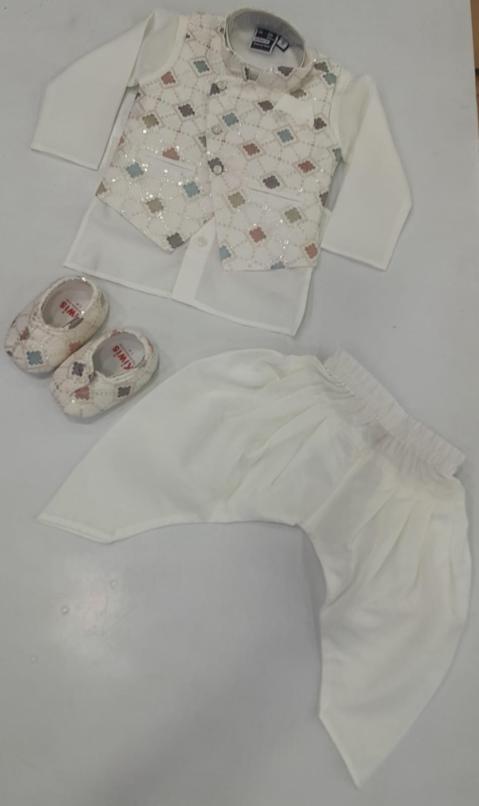 Boys White Sequin Diamond Waistcoat Kurta, Pyjama & Shoes Set