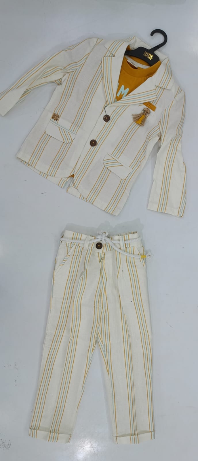 Boys Cream Gold Stripe Blazer, Mustard Tee & Matching Stripe Pants Set