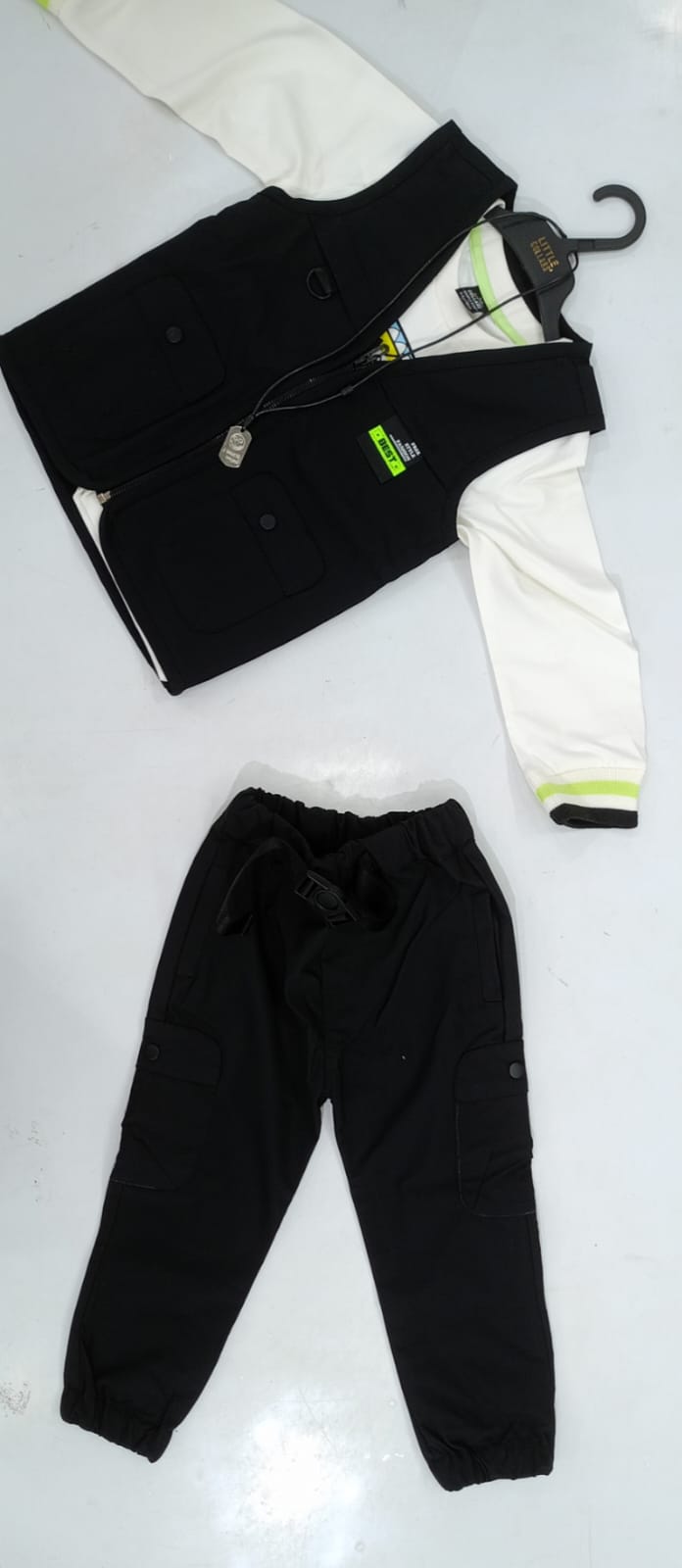 Boys Black White Varsity Bomber Jacket & Black Jogger Pants Set