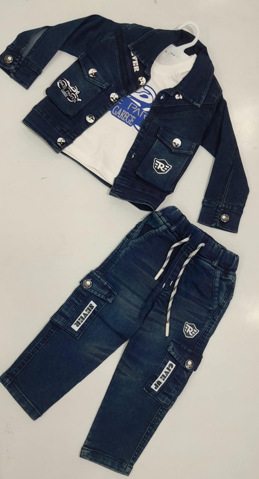 Boys 3-Piece Denim Jacket Set – "Never Give Up" Jacket, Graphic Tee & Cargo Jeans