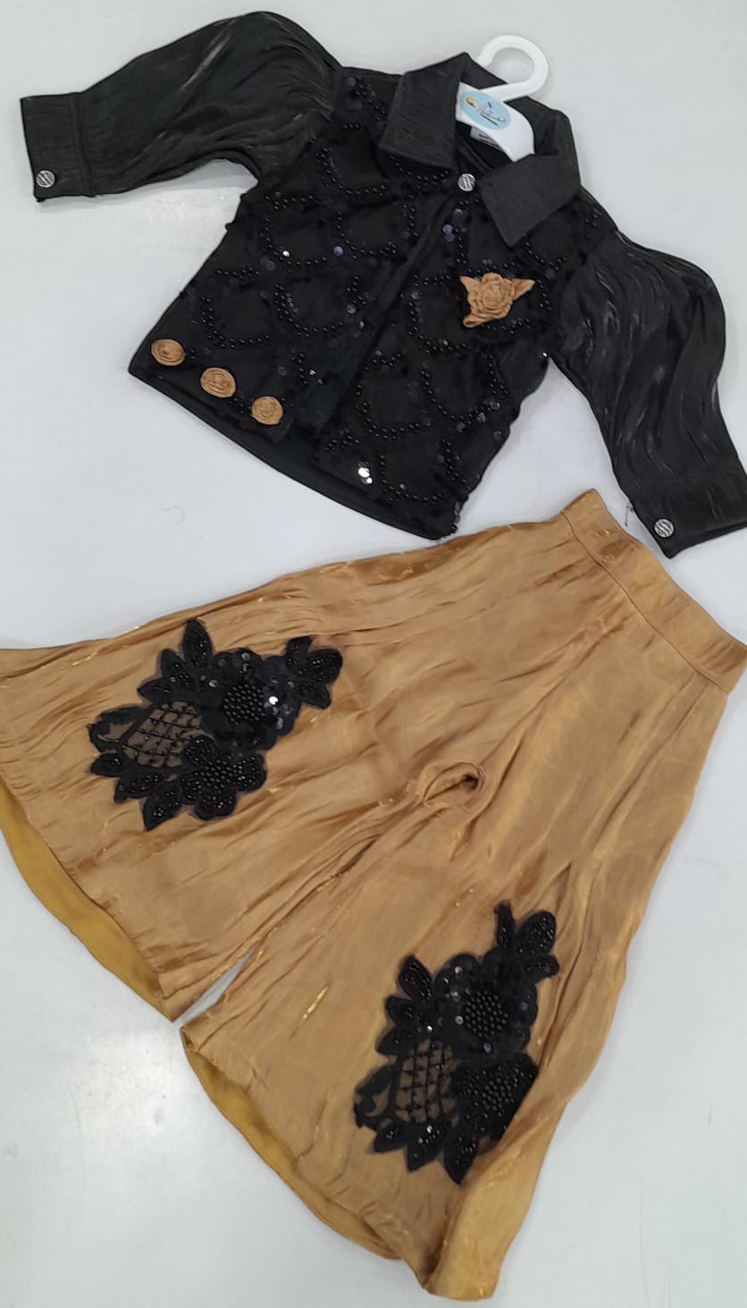 Girls Black Sequin Top & Golden Flared Skirt Set – 8420