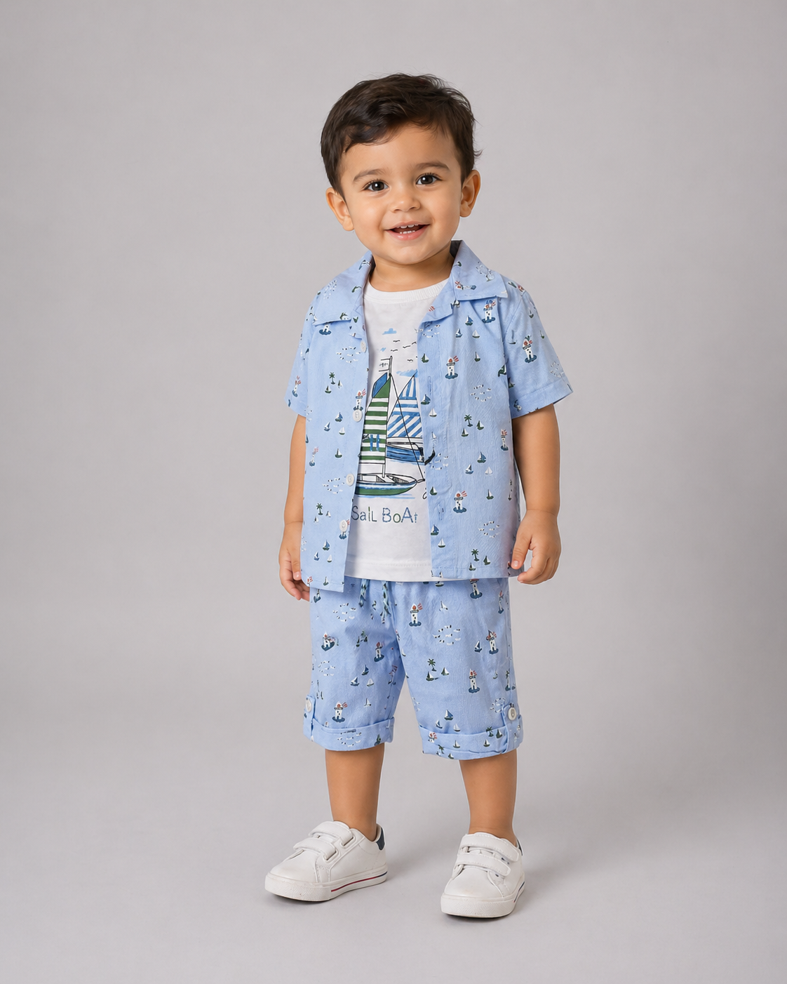Sky Blue Sailboat Print Shirt & Shorts Set with Graphic Tee | Mint Kids