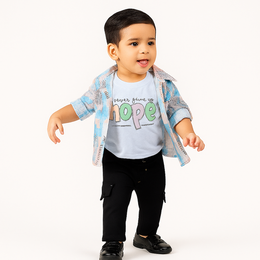 Pink & Blue Check Shirt + Hope Tee + Black Pants