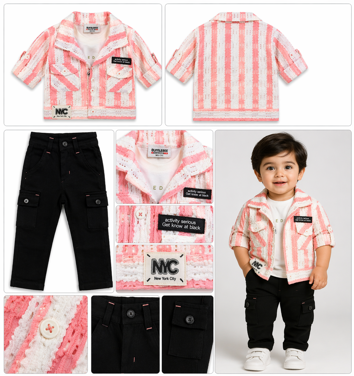 Boys Pink Striped Jacket Top & Black Full Pant Set