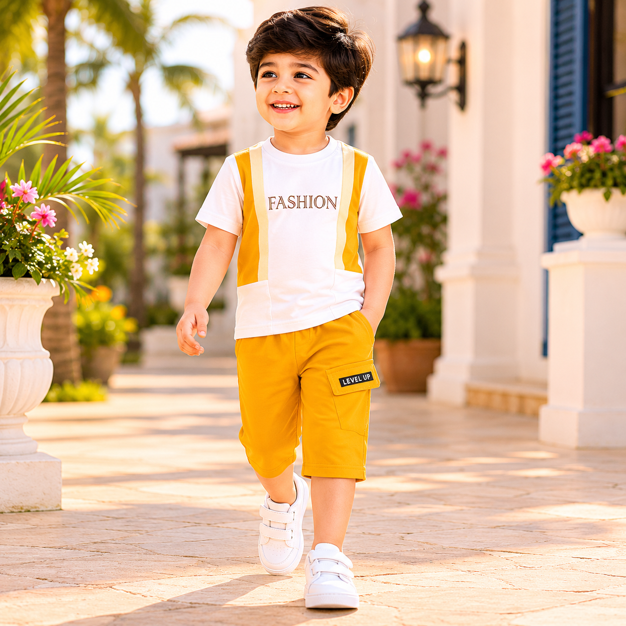 Fashion Stripe T-Shirt & Mustard Cargo Shorts Set